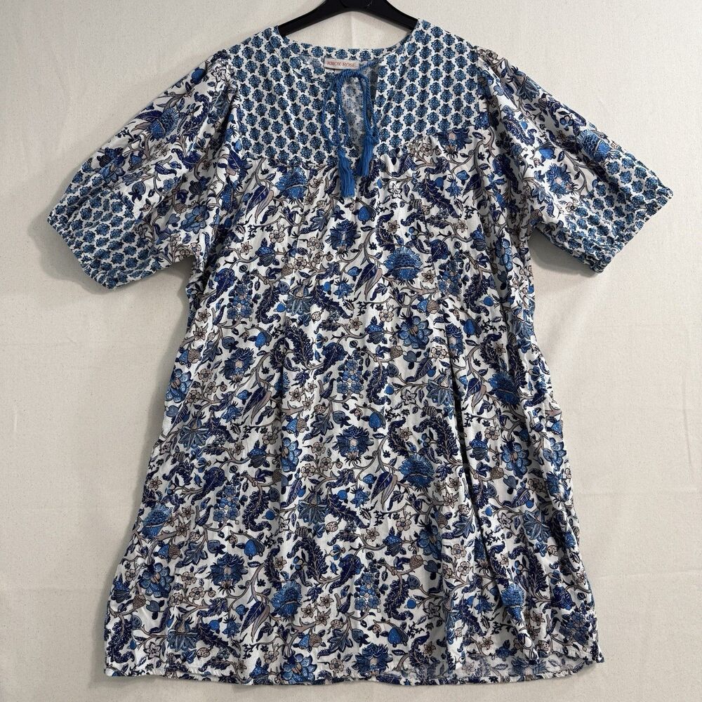 Knox Rose L Dress Boho Cottagecore Puff Short Sleeves Blue 36 Inches Long V Neck